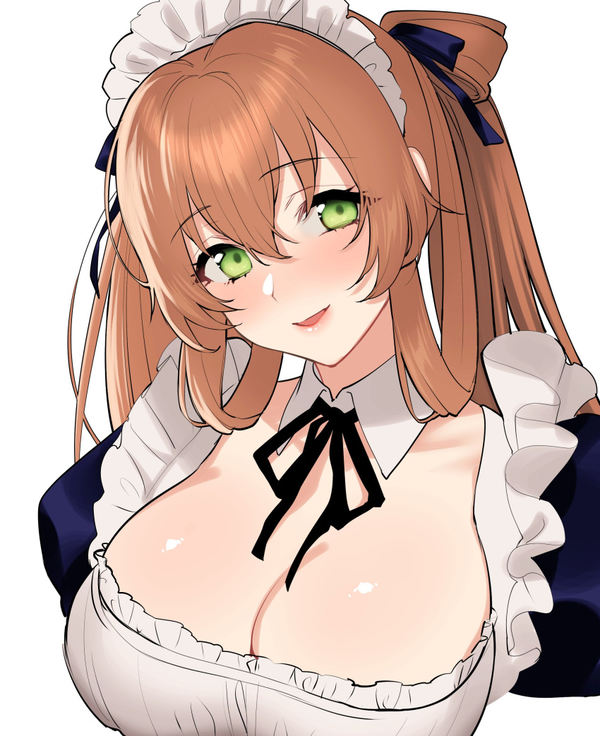 1girl absurdres bangs blush breasts brown_hair cleavage commentary_request dress frilled_dress frills girls'_frontline green_eyes hair_between_eyes hair_ribbon hair_rings head_tilt highres large_breasts long_hair looking_at_viewer maid maid_headdress open_mouth puffy_sleeves ribbon shoukaki_(earthean) simple_background smile solo springfield_(girls'_frontline) upper_body white_background