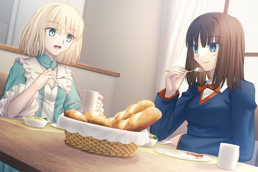 2girls aqua_dress baguette bangs basket blonde_hair blue_eyes blue_sweater blush bread breasts brown_hair detached_collar dress eating fate/prototype fate_(series) food fork long_sleeves medium_breasts multiple_girls open_mouth plate sajou_ayaka sajou_manaka shoori_(migiha) short_hair small_breasts smile sweater