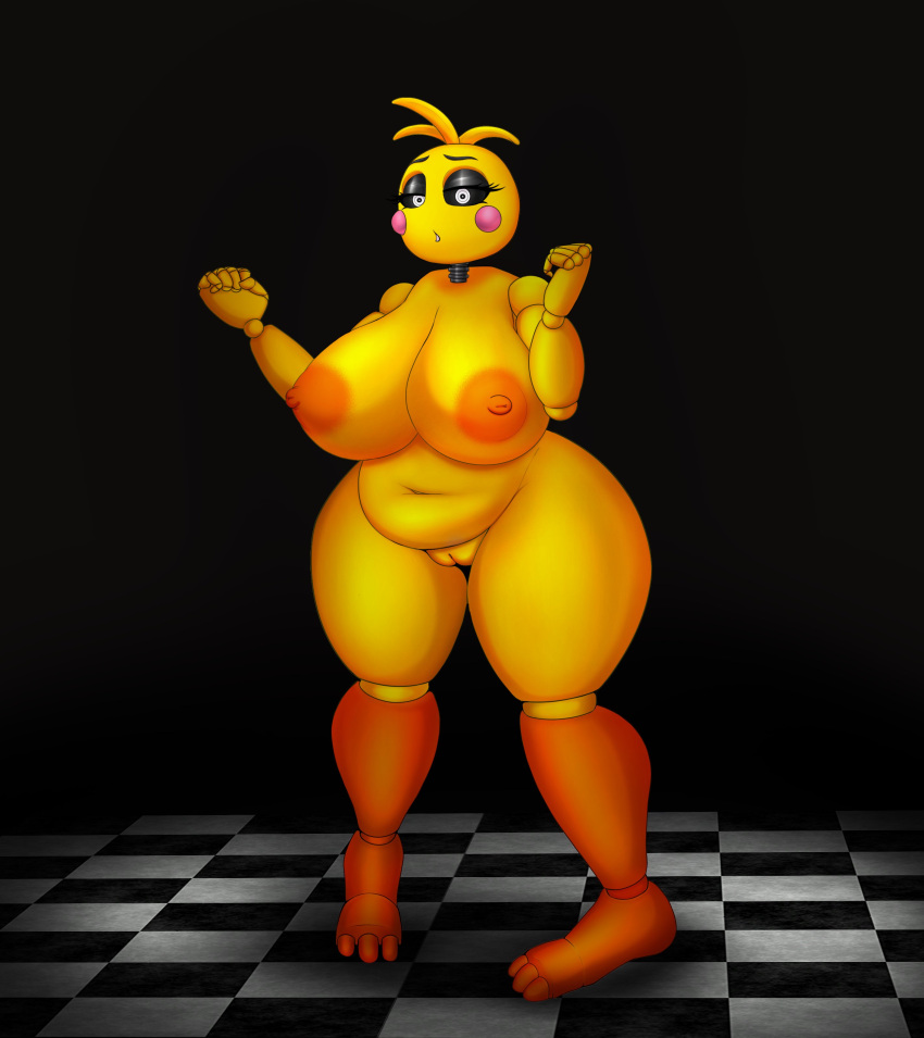 absurd_res animatronic anthro areola avian beakless big_areola big_breasts bird black_eyes breasts chicken el_jyjys female five_nights_at_freddy's five_nights_at_freddy's_2 galliform gallus_(genus) genitals hi_res huge_breasts machine narrowed_eyes nipples nude phasianid pussy robot scottgames simple_background slightly_chubby solo thick_thighs toy_chica_(fnaf) wide_hips yellow_body