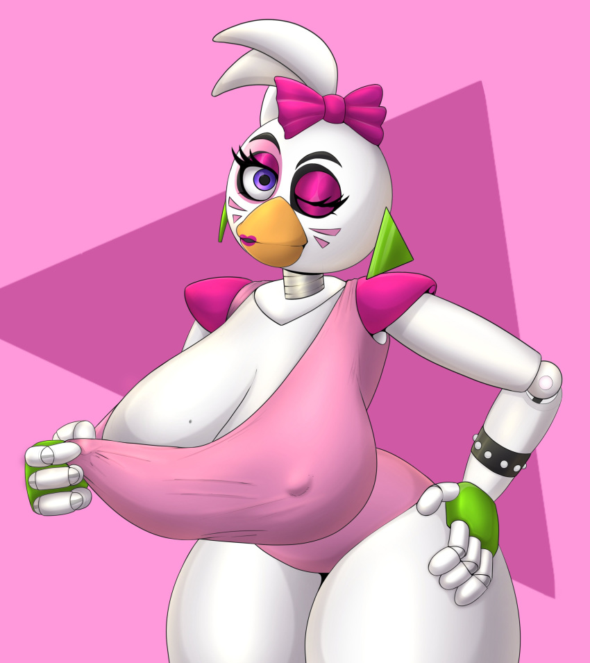 &lt;3 absurd_res accessory animatronic anthro avian big_breasts bird breasts chicken clothed clothing el_jyjys female five_nights_at_freddy's five_nights_at_freddy's:_security_breach galliform gallus_(genus) glamrock_chica_(fnaf) hi_res huge_breasts machine nipple_outline nipples one_eye_closed phasianid robot scottgames simple_background solo thick_thighs white_body wink