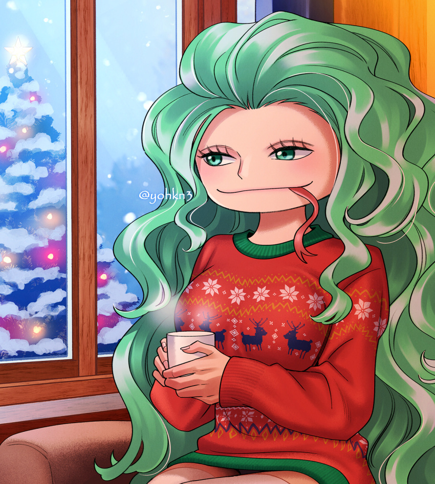 boa_sandersonia christmas_sweater christmas_tree cup green_eyes green_hair highres holding holding_cup indoors long_hair looking_outside mug one_piece snow sweater window youkan_(tako)