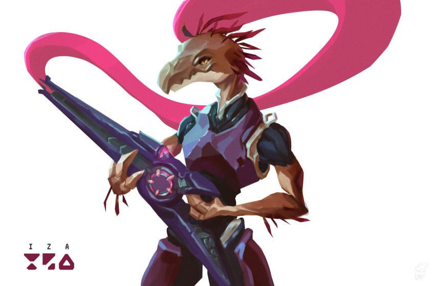 3_fingers alien anthro arm_tuft armor beam_rifle body_armor clothed clothing colored feather_tuft feathered_crest feathers female fingers flat_chested gun gunn halo_(series) head_crest hi_res holding_gun holding_object holding_weapon kig-yar looking_at_viewer microsoft ranged_weapon ruuhtian_(kig-yar) scalie simple_background solo standing tan_body tan_skin tuft urovandal weapon xbox_game_studios yellow_eyes
