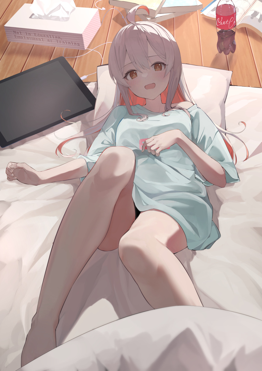 1girl :d absurdres ahoge bangs bare_legs barefoot blue_shirt book bottle brand_name_imitation brown_eyes coca-cola colored_inner_hair commentary_request earbuds earphones english_text futon hair_between_eyes highres legs looking_at_viewer lying multicolored_hair nanashita_shiki off_shoulder on_back onii-chan_wa_oshimai open_mouth oversized_clothes oyama_mahiro pillow pink_hair shirt smile solo t-shirt tablet_pc tissue_box two-tone_hair white_hair wooden_floor