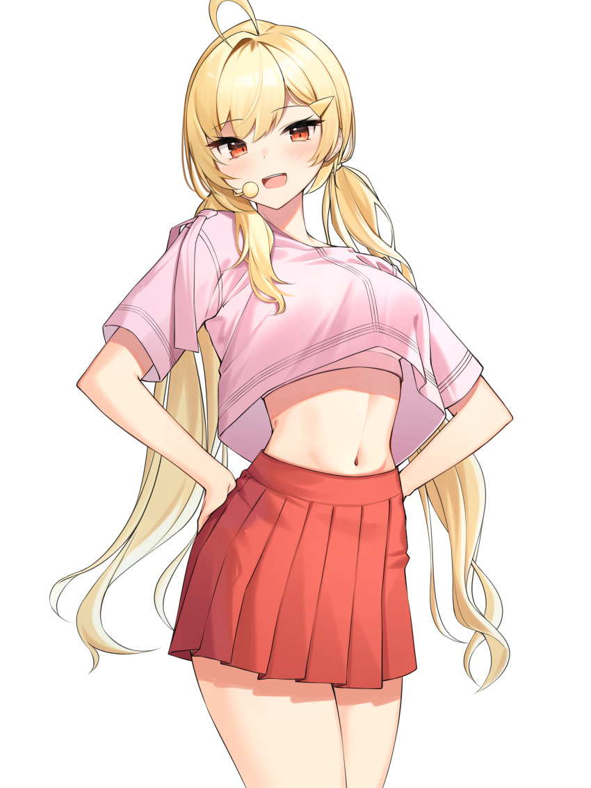 1girl :d absurdres ahoge blonde_hair breasts cowboy_shot crop_top crop_top_overhang hands_on_hips highres jingburger long_hair looking_at_viewer low_twintails medium_breasts midriff miniskirt navel open_mouth pink_shirt pleated_skirt red_eyes red_skirt shirt short_sleeves simple_background skirt smile solo standing stomach thighs twintails very_long_hair virtual_youtuber waktaverse white_background ziro_(zirorong)