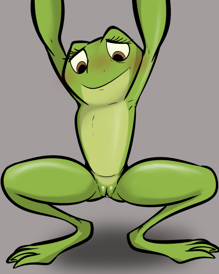 amphibian anthro blush female flat_chested frog genitals hi_res illegaleel leaking leaking_pussy looking_down princess_tiana pussy simple_background solo spread_legs spreading the_princess_and_the_frog