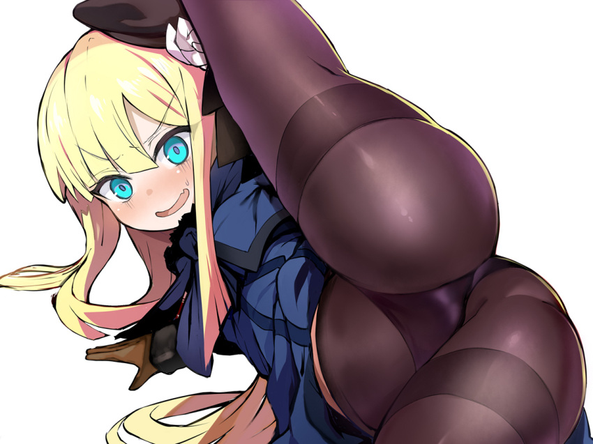 1girl aqua_eyes ass bangs beret black_headwear blonde_hair blue_dress blue_jacket blue_scarf blush breasts brown_gloves brown_pantyhose cropped_jacket crotch dress fate_(series) fur_collar gloves grey_rose hat jacket leg_lift leg_up long_hair long_sleeves looking_at_viewer lord_el-melloi_ii_case_files lying on_side open_mouth panties panties_under_pantyhose pantyhose reines_el-melloi_archisorte scarf shimejinameko sidelocks small_breasts smile solo spread_legs thighband_pantyhose thighs tilted_headwear underwear white_background