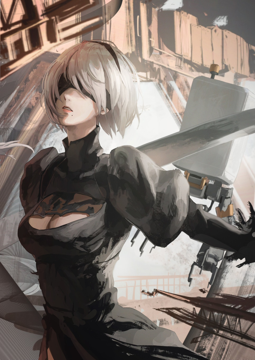 1girl absurdres ao_desu2222 black_blindfold black_dress black_hairband blindfold cleavage_cutout clothing_cutout day destruction dress feather-trimmed_sleeves floating hairband highres industrial juliet_sleeves long_sleeves mole mole_under_mouth nier_(series) nier_automata puffy_sleeves robot short_hair solo two-sided_dress two-sided_fabric white_hair yorha_no._2_type_b