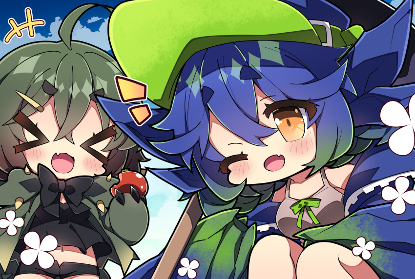 &gt;_&lt; +++ 2girls :d ;d ahoge bangs bare_shoulders black_camisole black_shorts blue_hair blue_headwear blue_sky brachydios breasts brown_camisole cabbie_hat camisole chibi cloud cloudy_sky commentary_request crop_top day deviljho feet_out_of_frame food hair_between_eyes hair_ornament hairclip hat highres holding holding_food medium_breasts midriff milkpanda monster_hunter_(series) multiple_girls navel notice_lines one_eye_closed orange_eyes outdoors personification short_eyebrows short_shorts shorts sky smile squatting thick_eyebrows tomato xd