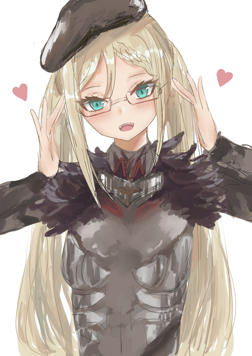 1girl a-545_(girls'_frontline) absurdres beret black_bodysuit black_headwear blonde_hair blue_eyes bodysuit covered_navel formal girls'_frontline glasses hands_on_own_head happy hat heart highres long_hair looking_at_viewer open_mouth simple_background smile suit teeth tongue twintails upper_body upper_teeth_only very_long_hair white_background yuuhi50
