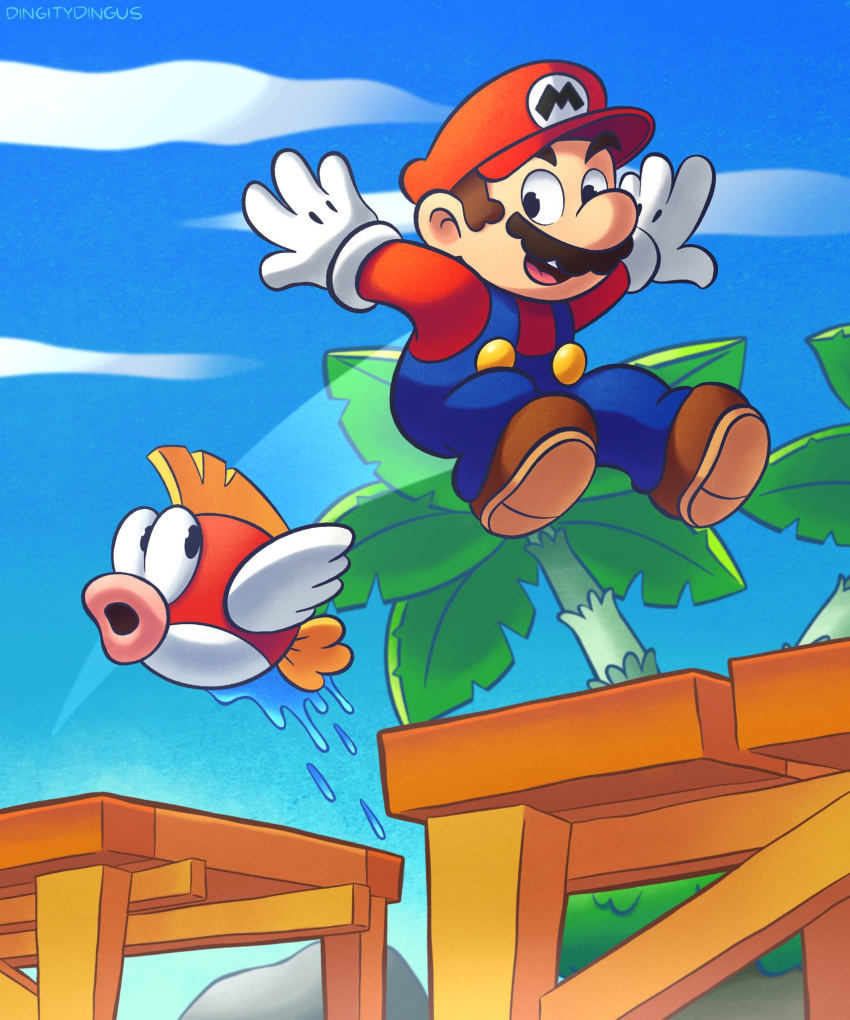 1boy :d artist_name black_eyes blue_overalls blue_pants blue_sky brown_footwear brown_hair buttons cheep_cheep cloud commentary day english_commentary facial_hair fish full_body gloves grass hat highres jumping long_sleeves looking_at_another mario mario_(series) mustache open_mouth outdoors outstretched_arms overalls palm_tree pants pier red_headwear red_shirt rock shirt shoes short_hair sky smile spread_arms super_mario_3d_land teeth tree upper_teeth_only vinny_(dingitydingus) wet white_gloves