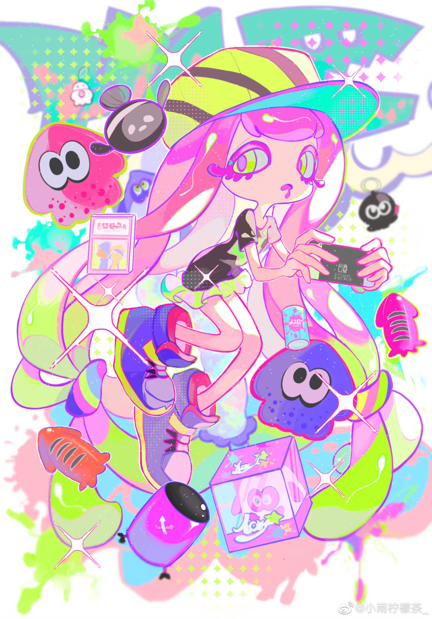 1girl absurdres bangs baseball_cap black_shirt box can character_request colored_eyelashes colorful commentary_request dithering drooling eyelashes fish food full_body gradient_hair green_eyes green_hair green_headwear green_skirt halftone handheld_game_console harmony's_clownfish_(splatoon) harmony_(splatoon) hat high_tops highres holding holding_handheld_game_console ikayaki long_hair looking_at_viewer miniskirt multicolored_background multicolored_hair nintendo_switch open_mouth paint_splatter pink_hair pleated_skirt purple_footwear shirt shoes short_sleeves sidelocks sideways_hat skirt sneakers solo sparkle splatoon_(series) splatoon_3 splatter_background squid striped striped_headwear t-shirt tentacle_hair very_long_hair weibo_username xiaoyunatie