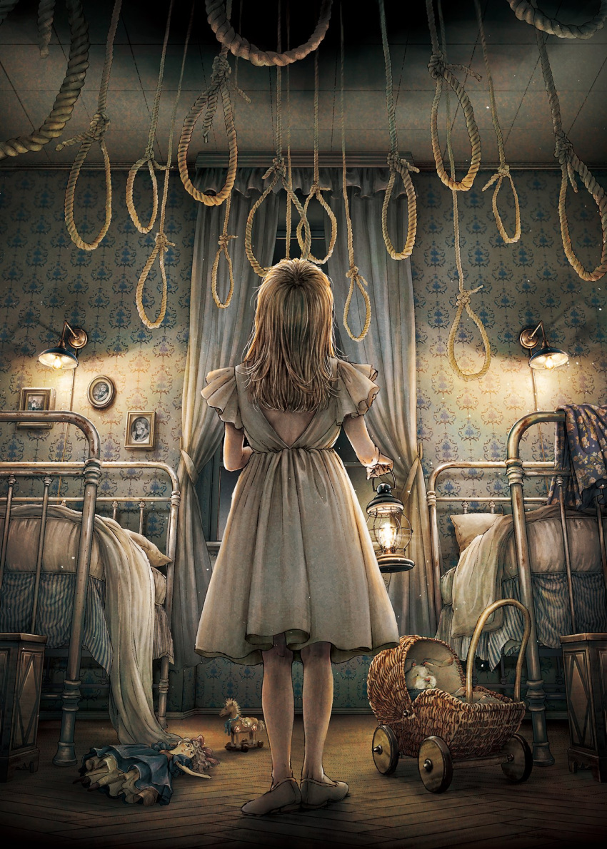 1girl backless_dress backless_outfit bare_back bd commentary_request curtains doll dress female_child from_behind full_body highres holding holding_lantern horror_(theme) indoors kobone_awaki lamp lantern light_brown_hair long_hair looking_up noose original photo_(object) pillow rope solo stroller stuffed_animal stuffed_bunny stuffed_toy toy toy_horse wall_lamp window wooden_floor