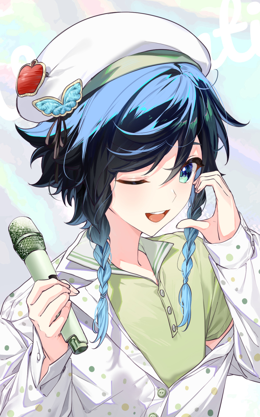 1boy :d bangs beret black_hair black_ribbon blue_hair blush braid butterfly_hat_ornament buttons collared_shirt commentary food-themed_hat_ornament genshin_impact gradient_hair green_eyes green_shirt hair_between_eyes hands_up hat hat_ornament highres holding holding_microphone jacket kkopoli lapels long_sleeves looking_at_viewer male_focus medium_hair microphone multicolored_background multicolored_hair off_shoulder one_eye_closed open_clothes open_jacket open_mouth parted_bangs partially_unbuttoned polka_dot polka_dot_jacket ribbon shirt short_sleeves side_braids sidelocks simple_background sleeves_past_wrists smile solo swept_bangs teeth tongue twin_braids upper_body upper_teeth_only venti_(genshin_impact) white_headwear white_jacket