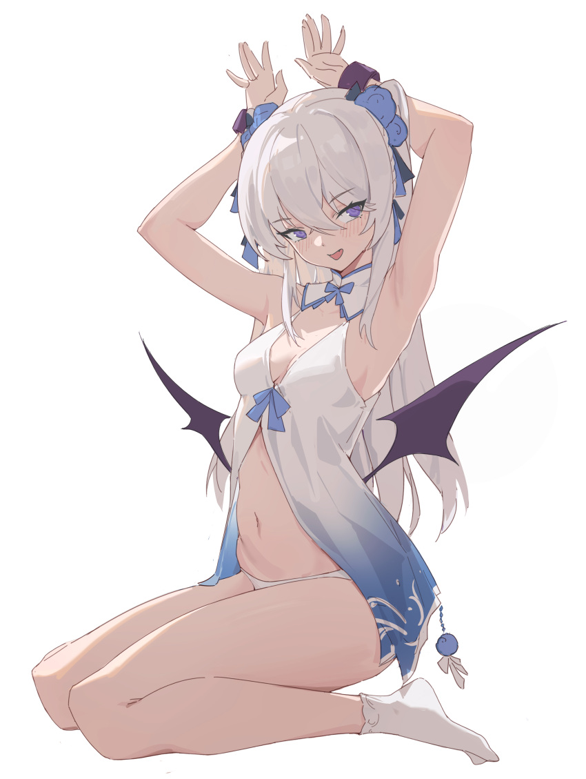 1girl :d absurdres ankle_socks armpits arms_up babydoll blue_flower blue_rose blush breasts cleavage copyright_request cuffs fang flower full_body grey_hair hair_flower hair_ornament highres ke'ai_qu_qu long_hair looking_at_viewer medium_breasts navel open_mouth panties purple_eyes rose shackles simple_background sitting smile socks solo underwear very_long_hair wariza white_background white_panties white_socks