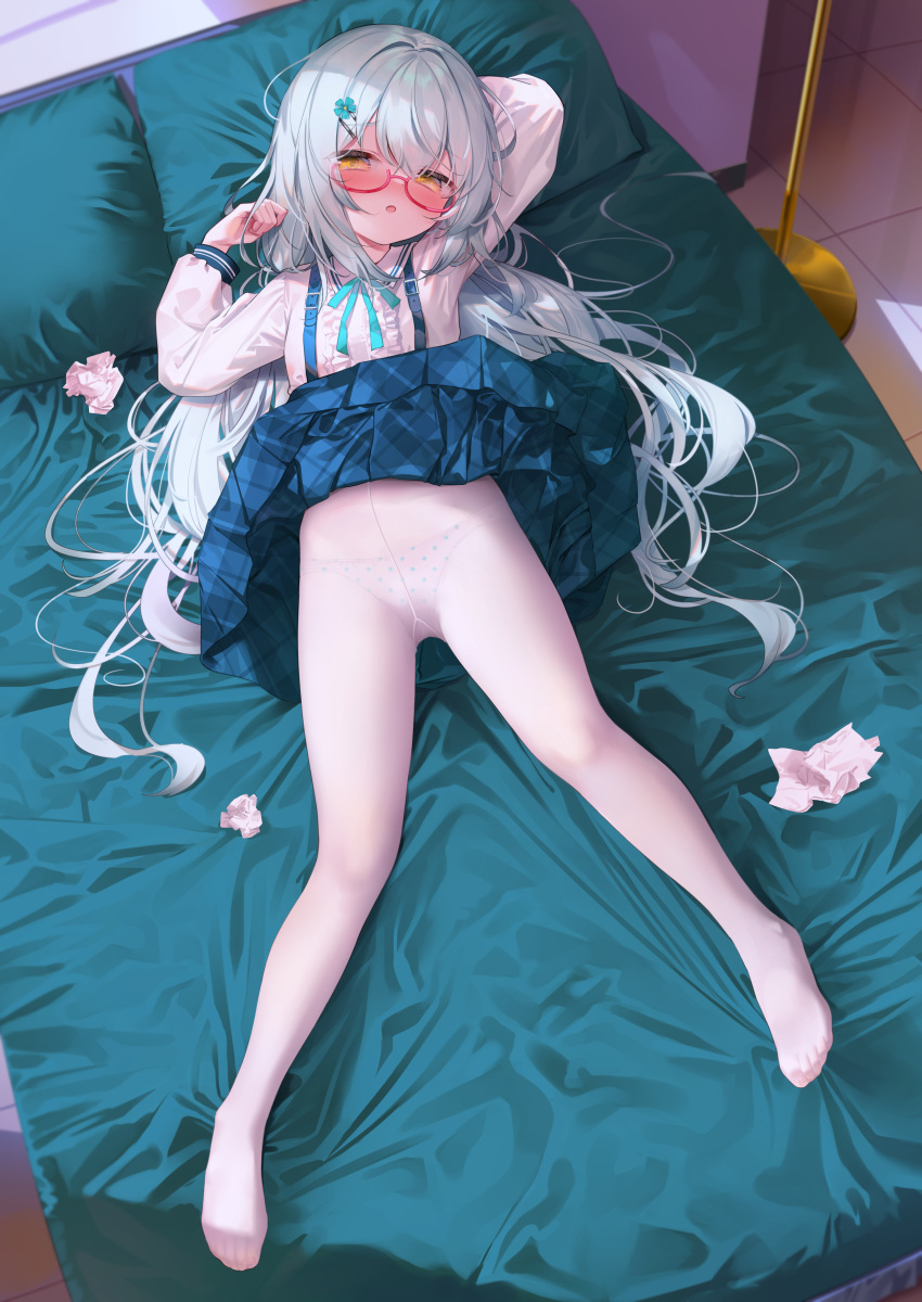 1girl absurdres bangs blue_skirt blush chen_bin clothes_lift feet from_above full_body glasses grey_hair gusset hair_spread_out highres indoors legs long_hair long_sleeves looking_at_viewer lying neck_ribbon no_shoes on_back on_bed original panties panties_under_pantyhose pantyhose parted_lips polka_dot polka_dot_panties revision ribbon semi-rimless_eyewear shirt skirt skirt_lift solo suspender_skirt suspenders toes under-rim_eyewear underwear used_tissue very_long_hair white_pantyhose white_shirt yellow_eyes