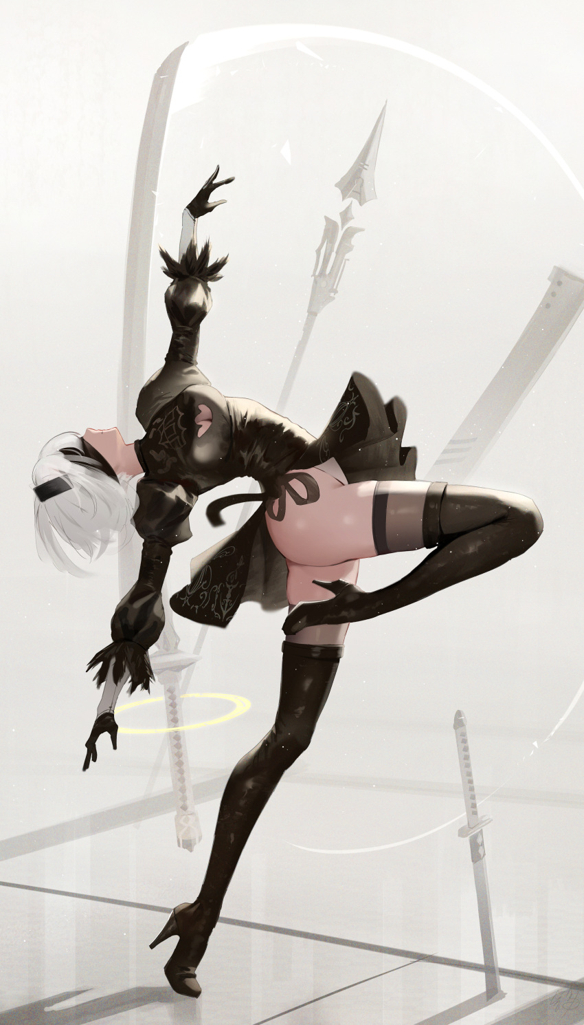1girl absurdres ass black_dress black_gloves black_hairband blindfold boots breasts cleavage cleavage_cutout clothing_cutout commentary_request dress full_body gloves hairband hidulume high_heels highres legs long_legs long_sleeves looking_up medium_breasts nier_(series) nier_automata outstretched_arms planted planted_sword puffy_sleeves short_hair solo spread_arms standing standing_on_one_leg sword thigh_boots weapon white_hair yorha_no._2_type_b