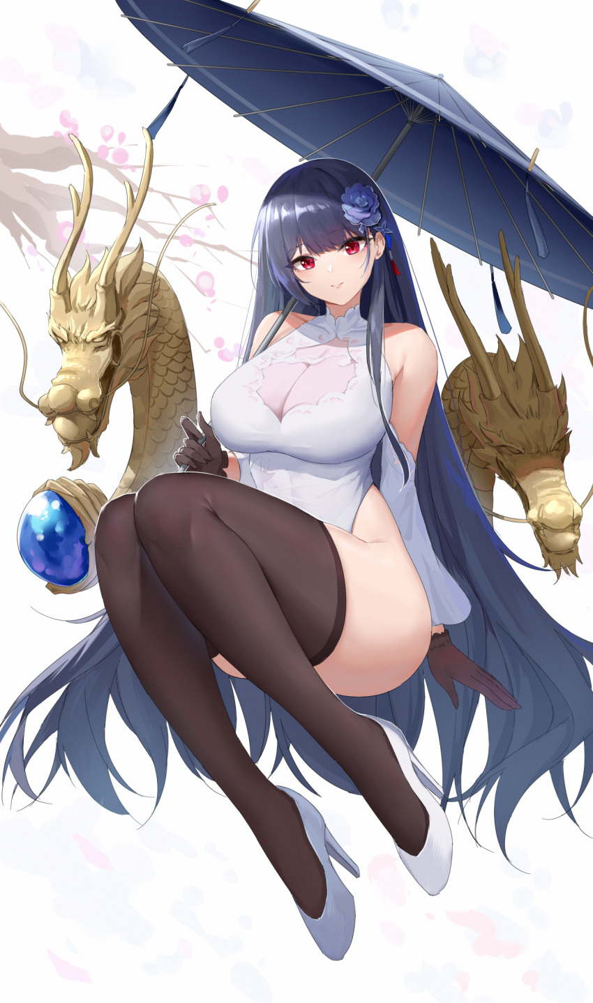 1girl azur_lane black_gloves black_hair blue_flower blue_umbrella breasts brown_thighhighs cleavage cleavage_cutout clothing_cutout detached_sleeves dragon dress eastern_dragon flower full_body gloves hair_flower hair_ornament highleg highleg_dress highres huge_breasts kafeifeifeifeifeifei_jiemo_jun long_sleeves looking_at_viewer oil-paper_umbrella red_eyes retrofit_(azur_lane) shoes simple_background solo thighhighs umbrella white_background white_dress white_footwear yat_sen_(azur_lane)