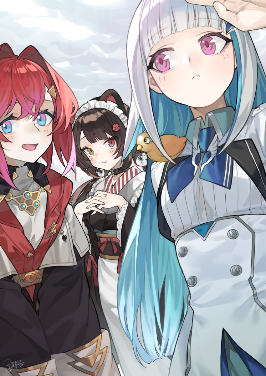 3girls :c ange_katrina apron black_coat black_kimono blue_eyes blush brown_hair closed_mouth cloud cloudy_sky coat collar dated fang fang_out grey_hair hair_ornament high-waist_skirt highres inui_toko japanese_clothes kimono lize_helesta long_hair looking_at_viewer looking_back multiple_girls nao_(syn_eaa) nijisanji obi open_mouth outdoors own_hands_together purple_eyes red_eyes red_hair red_vest sash sebastian_piyodore shirt short_hair signature skin_fang skirt sky smile vest virtual_youtuber waist_apron white_shirt white_skirt yellow_eyes
