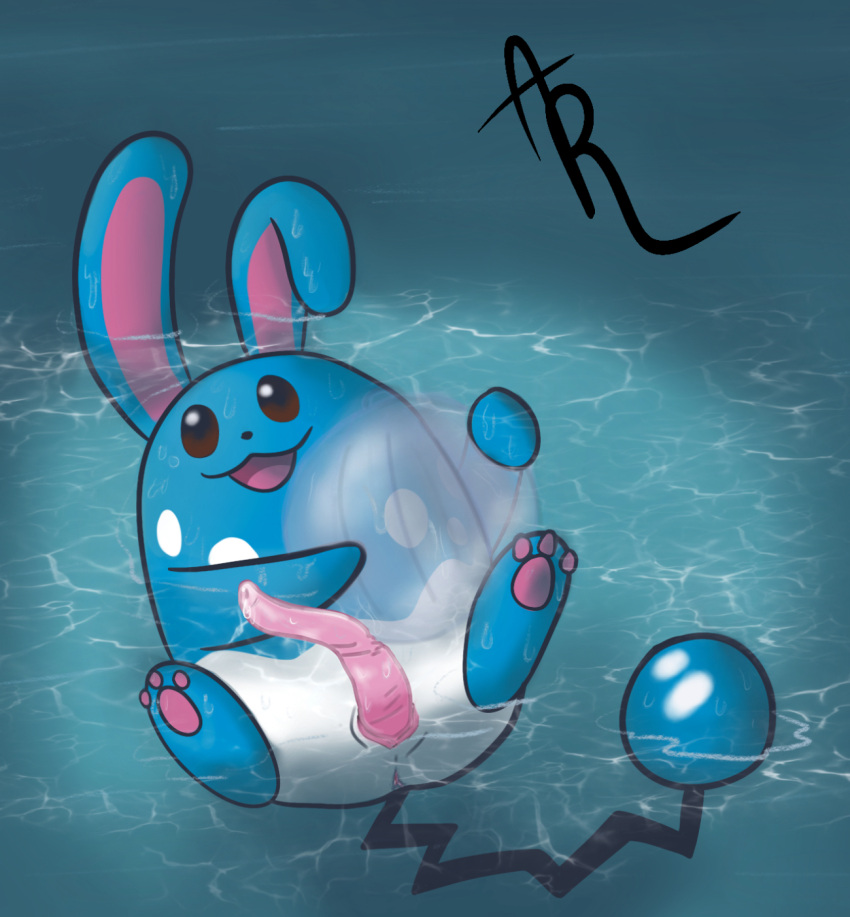 anus azumarill ball beach_ball bodily_fluids cockslit feral generation_2_pokemon genital_fluids genitals hi_res inflatable lagomorph leporid male mammal mr.meowstic nintendo pawpads penis pokemon pokemon_(species) precum presenting rabbit solo tail water