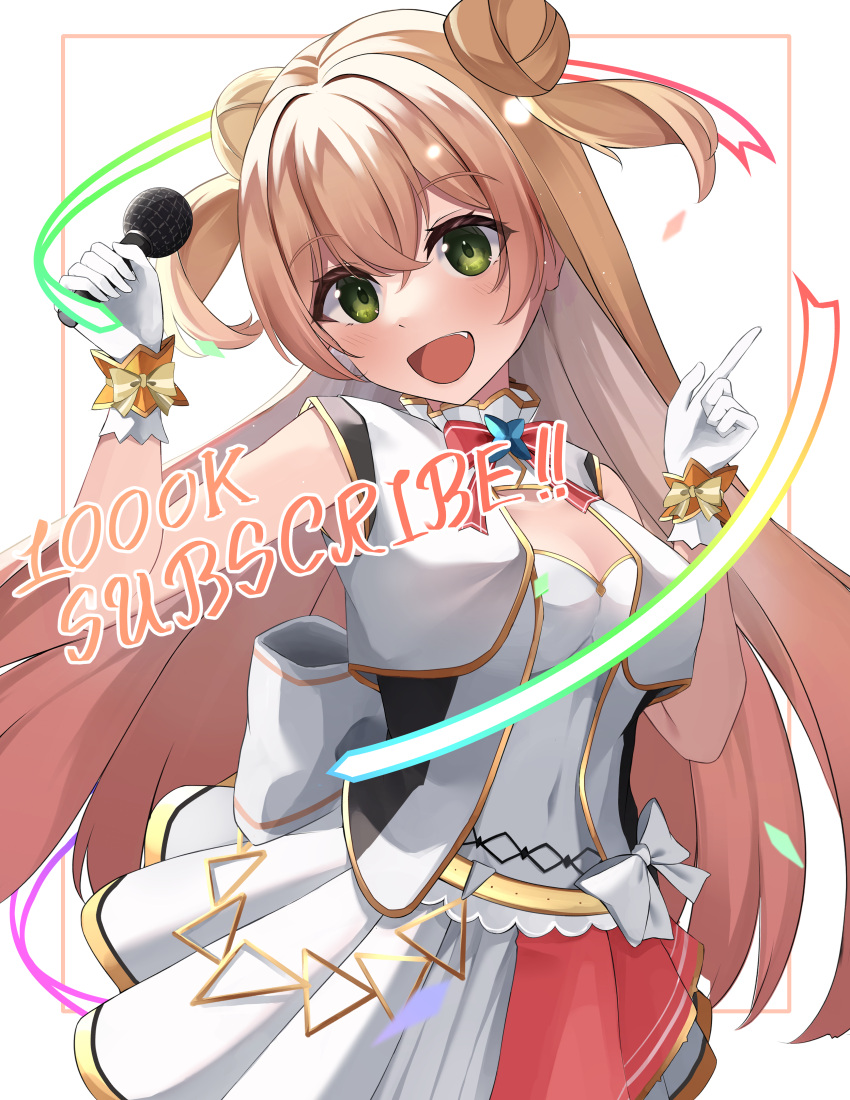 1girl :d absurdres belt blonde_hair bow bow_skirt bowtie breasts cet_(hajisirazunoko) cleavage double_bun english_text engrish_text gloves green_eyes hair_between_eyes hair_bun highres holding holding_microphone hololive hololive_idol_uniform idol layered_skirt light_blush long_hair looking_at_viewer medium_breasts microphone milestone_celebration miniskirt momosuzu_nene official_alternate_costume open_mouth ranguage red_bow red_bowtie red_skirt shirt skirt sleeveless smile solo two_side_up vest virtual_youtuber white_bow white_gloves white_shirt white_skirt white_vest wrist_cuffs
