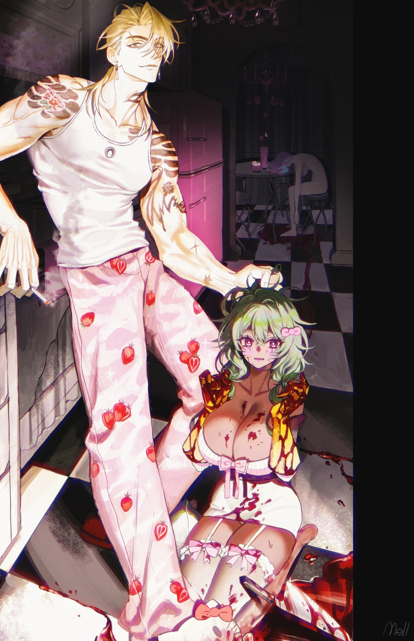 1boy 2girls absurdres arm_tattoo blonde_hair blood blood_on_breasts blood_on_face blood_on_knife blood_trail blue_hair bow bowtie breasts bright_pupils brown_eyes chandelier checkered_floor cigarette cleavage commentary completely_nude corpse crazy_eyes earrings elbow_gloves eyebrow_cut food_print frills garter_belt gloves grabbing_another's_hair green_eyes green_hair hair_bow highres holding holding_cigarette jewelry kitchen kitchen_knife knife large_breasts long_hair looking_at_viewer mell_(dmwe3537) mole mole_under_eye multiple_girls murder neck_tattoo nude original pants pink_bow pink_pants pool_of_blood red_pupils refrigerator scar scar_on_arm scared shirt sleeveless smile smoke strawberry_print sweat symbol-only_commentary t-shirt table tattoo thighhighs toned toned_male white_pupils yellow_gloves