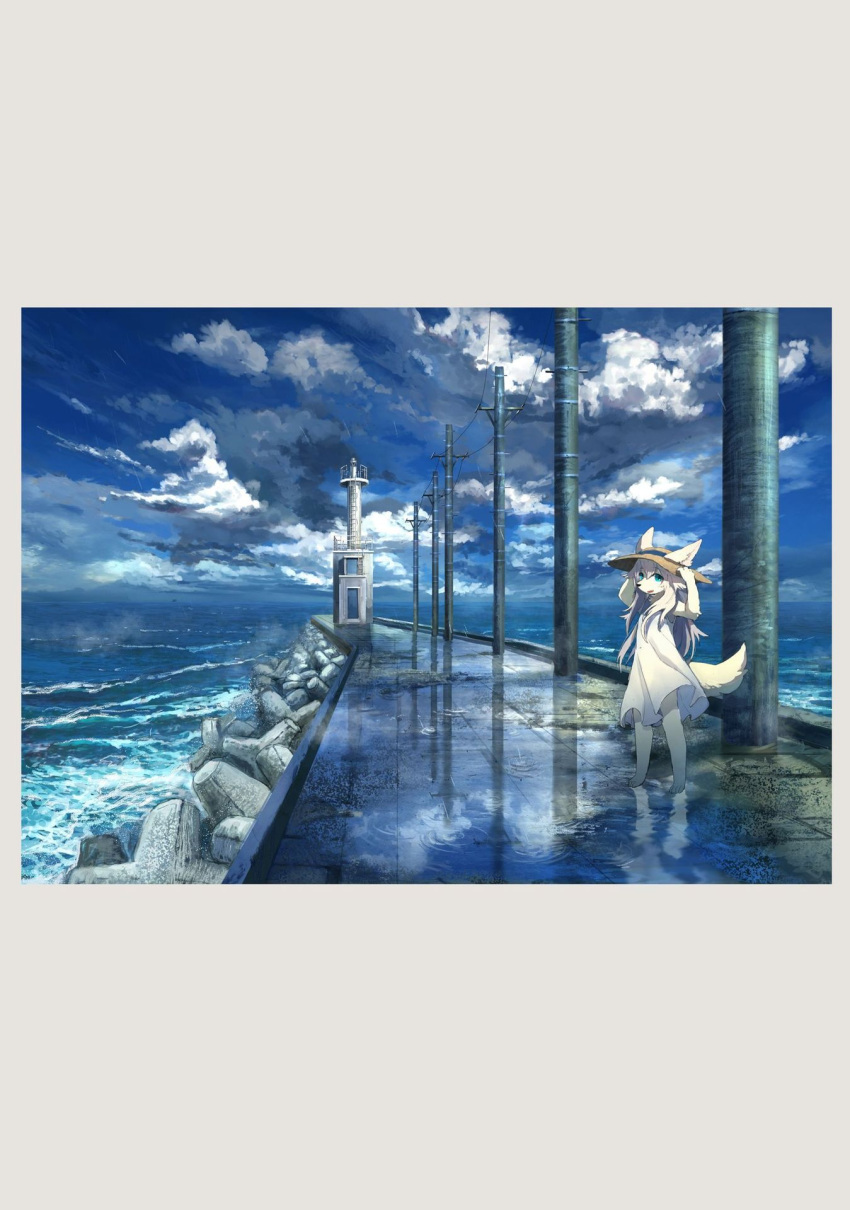 amazing_background anthro blue_eyes canid canine canis clothed clothing clothing_lift cloud detailed_background dress dress_lift female fur hair hat headgear headwear hi_res kemono landscape lighthouse long_hair mammal outside pippi913 sea seascape sky solo standing water weather white_body white_clothing white_dress white_fur wolf wolf_girl