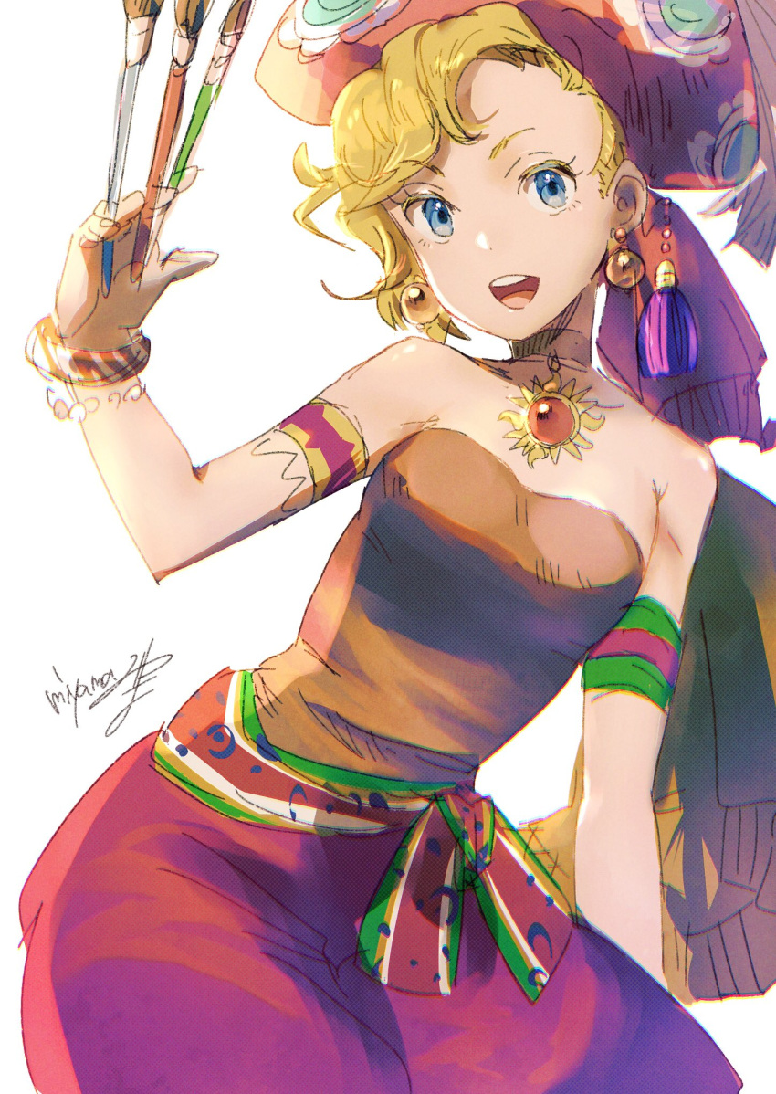 armlet baggy_pants bare_shoulders blonde_hair blue_eyes bracelet breasts cowboy_shot earrings final_fantasy final_fantasy_vi head_scarf highres holding holding_paintbrush jewelry looking_at_viewer miyama_(lacrima01) multicolored_clothes multicolored_headwear open_mouth paintbrush pants pendant_choker red_pants relm_arrowny short_hair signature small_breasts smile strapless teeth tube_top upper_teeth_only waist_sash wavy_hair white_background wristband