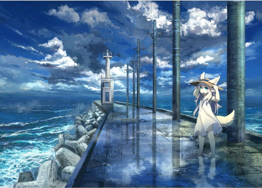 amazing_background anthro bottomwear canid canine canis clothing cropped detailed_background dress ears_up female hair hat headgear headwear image_comics kemono lighthouse long_hair mammal pippi913 rain_storm reflection sea seaside skirt standing tail upskirt water weather wet white_body white_clothing white_dress wind wolf young