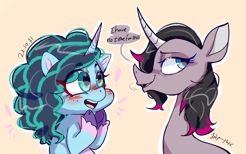 2022 black_hair blue_body blue_eyes blue_hair blush crossover dialogue digital_drawing_(artwork) digital_media_(artwork) duo english_text equid equine eyebrows eyelashes female feral freckles grey_body hair hasbro hi_res hooves horn jully-park mammal misty_(g5) mlp_g5 multicolored_hair my_little_pony oleander_(tfh) open_mouth purple_hooves signature simple_background smile text them's_fightin'_herds two_tone_hair unicorn unicorn_horn