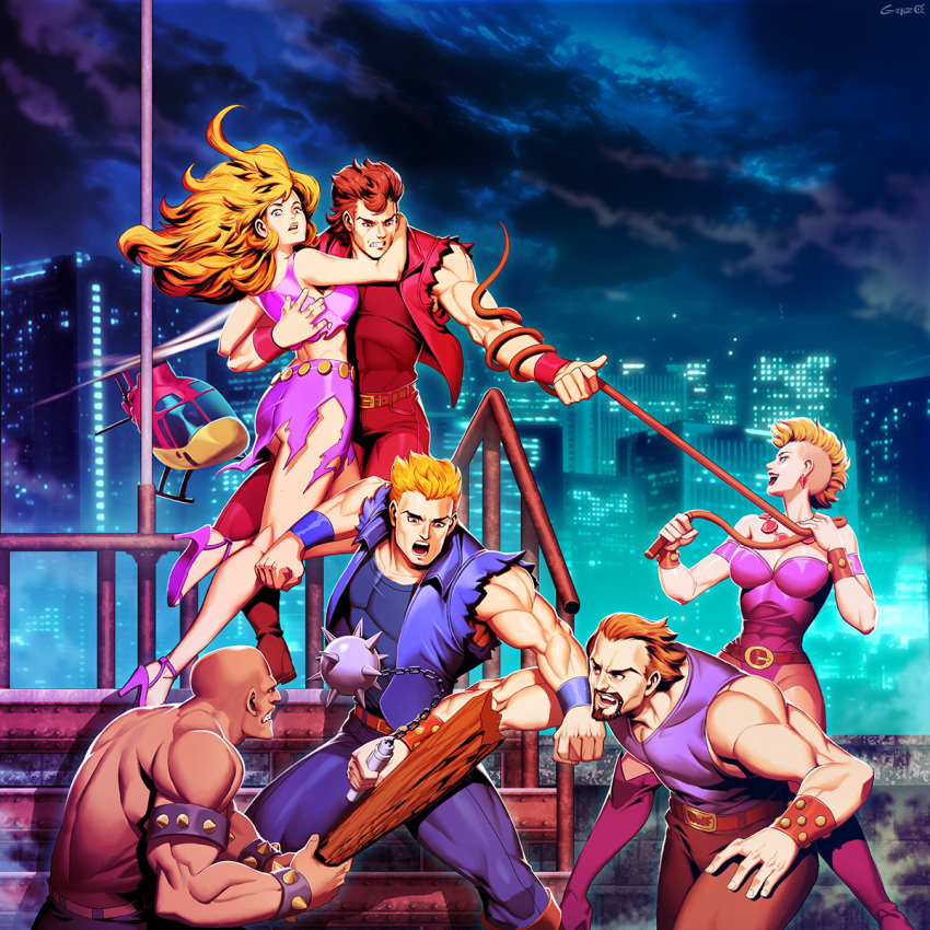 2girls 4boys aircraft album_cover battle beard billy_lee breasts character_request cover double_dragon dragon duel english_commentary facial_hair flying genzoman helicopter highres jimmy_lee kunio-kun_series linda_(double_dragon) manly marian_kelly mohawk multiple_boys multiple_girls muscular night official_art punk rooftop siblings spikes torn_clothes twins vest whip wristband