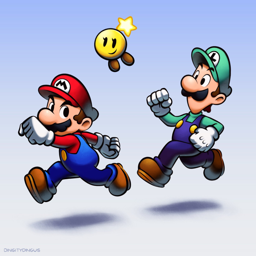 2boys arm_up artist_name black_eyes blue_overalls blue_pants brothers brown_footwear brown_hair buttons closed_mouth commentary english_commentary facial_hair full_body gloves gradient_background green_headwear green_shirt hat highres long_sleeves looking_at_viewer luigi male_focus mario mario_&amp;_luigi_rpg mario_(series) multiple_boys mustache overalls pants red_headwear red_shirt running shirt shoes short_hair siblings simple_background smile star_(symbol) starlow v-shaped_eyebrows vinny_(dingitydingus) white_gloves