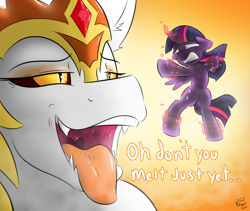 2020 bdsm bondage bound breath clenched_teeth cutie_mark dark_sclera daybreaker_(mlp) dialogue digital_drawing_(artwork) digital_media_(artwork) duo english_text equid equine female feral friendship_is_magic fur hasbro held_up hi_res horn imminent_death imminent_vore kingkrail larger_female levitation lidded_eyes macro magic magic_suppression magical_bondage mammal micro micro_on_macro my_little_pony open_mouth princess_twilight_sparkle_(mlp) purple_body scared sharp_teeth size_difference smaller_female teeth telekinesis text tongue tongue_out twilight_sparkle_(mlp) white_body white_fur winged_unicorn wings yellow_eyes