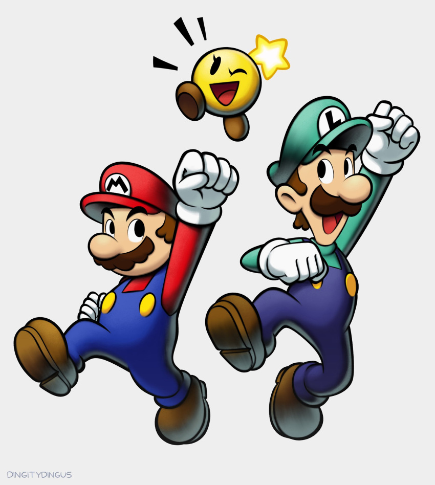 2boys :d ;d arm_up artist_name black_eyes blue_overalls blue_pants brothers brown_footwear brown_hair buttons commentary english_commentary facial_hair full_body gloves green_headwear green_shirt grey_background hat highres jumping long_sleeves looking_at_another luigi male_focus mario mario_&amp;_luigi_rpg mario_(series) multiple_boys mustache notice_lines one_eye_closed open_mouth overalls pants red_headwear red_shirt shirt shoes short_hair siblings sitting smile star_(symbol) starlow vinny_(dingitydingus) white_gloves