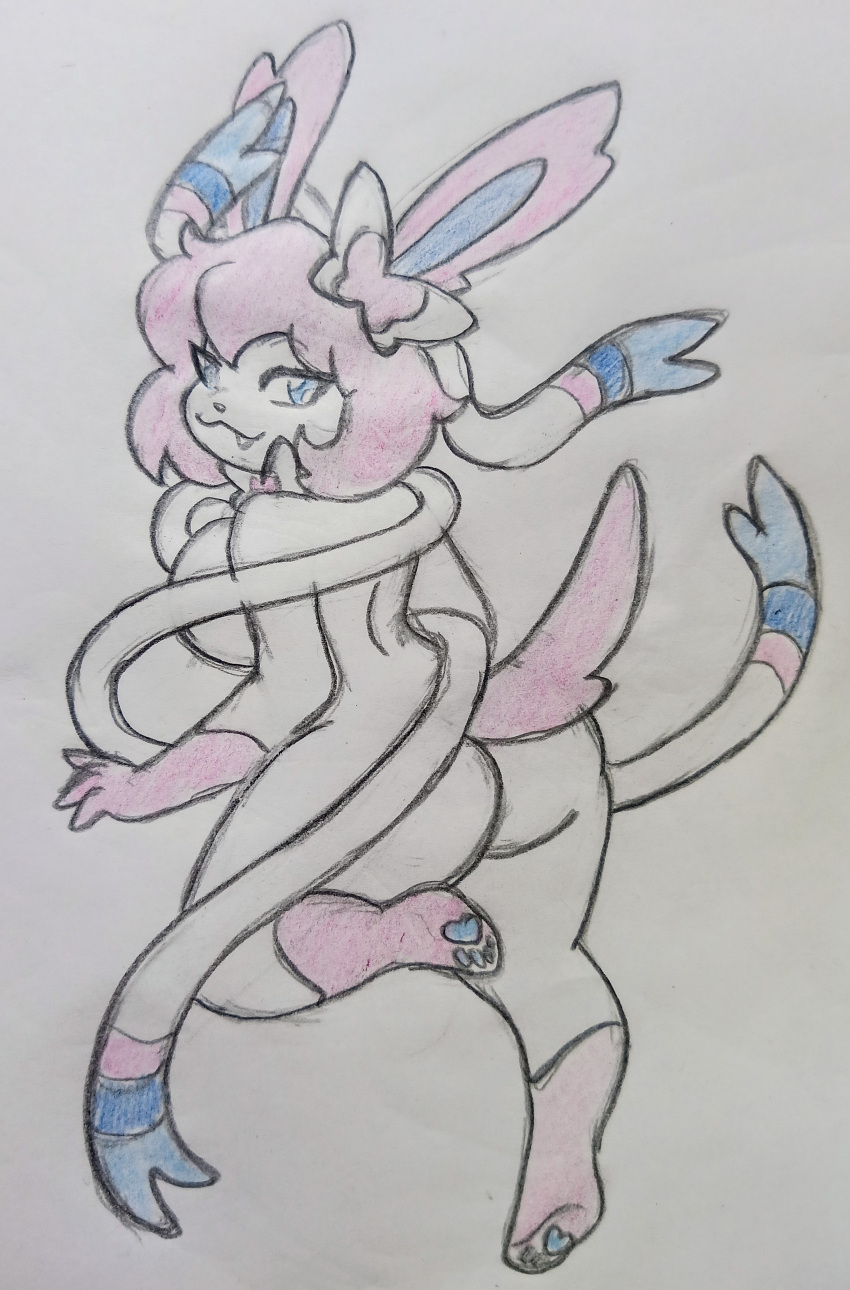 absurd_res anthro big_breasts big_butt breasts butt eeveelution female generation_6_pokemon hi_res humanoid looking_at_viewer looking_back nintendo pawpads pokemon pokemon_(species) ribbons silvershield88 solo sylveon tail thick_thighs