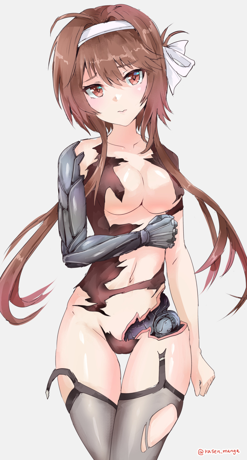 1girl absurdres ahoge android bangs breasts brown_eyes brown_hair clenched_hand closed_mouth collarbone girls'_frontline hair_between_eyes hairband highres joints leotard long_hair looking_at_viewer mechanical_arms mechanical_parts medium_breasts navel rasen_manga ribbon robot_joints sidelocks simple_background single_mechanical_arm solo thighhighs torn_clothes torn_leotard twitter_username type_79_(girls'_frontline) white_background worried