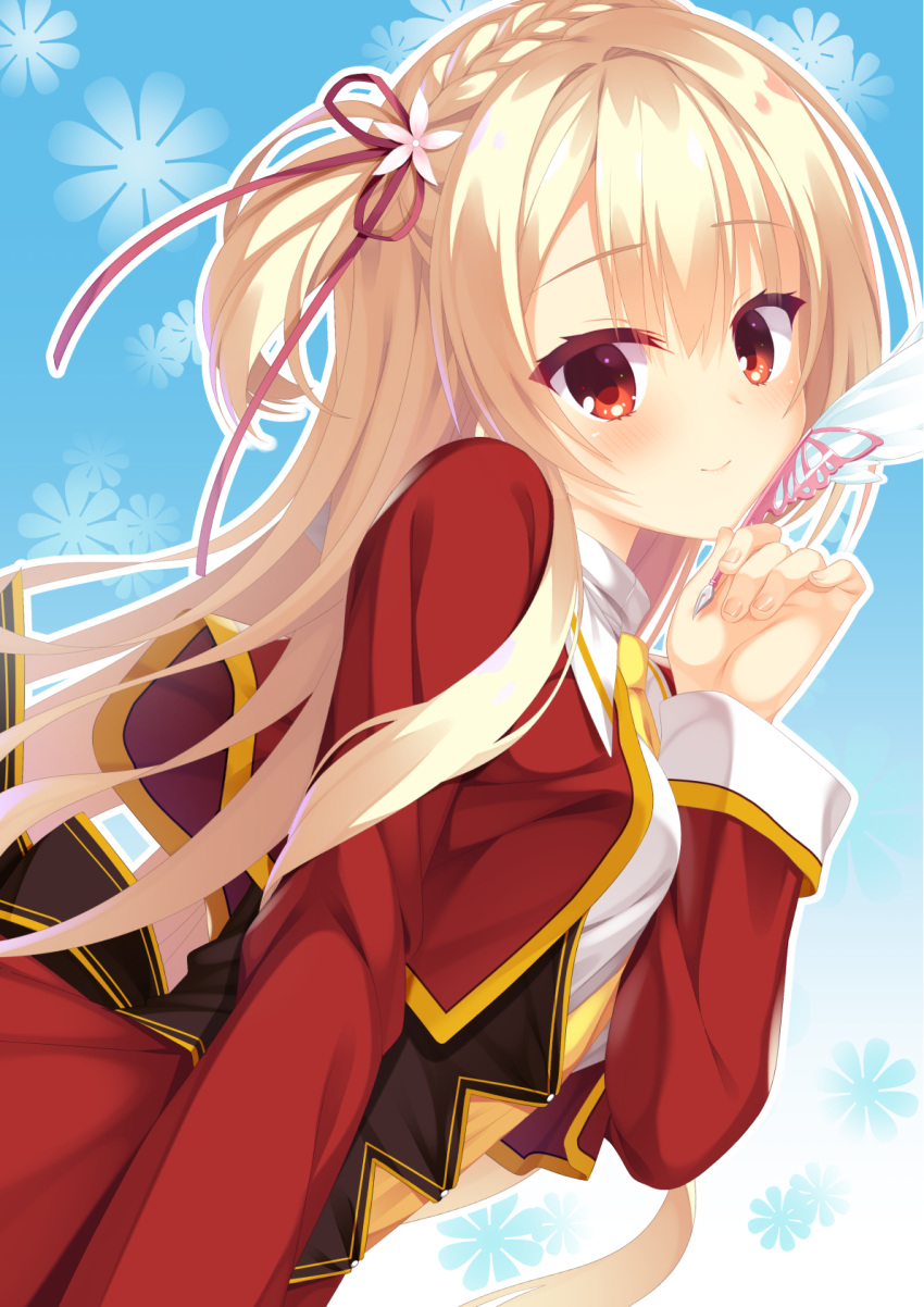1girl 8kumagawa_(log) amairo_islenauts bangs blonde_hair blue_background blush braid breasts closed_mouth collar commentary eyelashes fingernails floral_background flower hair_between_eyes hair_flower hair_ornament hair_ribbon hand_up head_tilt highres holding holding_pen jacket long_hair long_sleeves looking_at_viewer medium_breasts necktie one_side_up pen red_eyes red_jacket red_ribbon ribbon school_uniform shirley_warwick shirt side_braid simple_background smile solo upper_body white_collar white_flower white_shirt yellow_necktie yuzu-soft