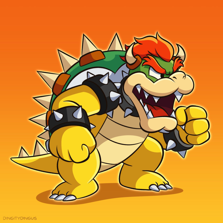 2022 anthro bowser claws dingitydingus hair hi_res horn koopa male mario_bros nintendo open_mouth red_hair scalie shell signature simple_background solo spikes teeth