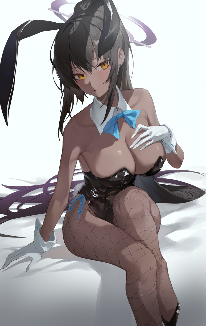 1girl absurdres animal_ears bangs bare_shoulders black_hair black_leotard blue_archive blush breasts cleavage collarbone dark-skinned_female dark_skin detached_collar fake_animal_ears fishnet_pantyhose fishnets gloves halo highleg highleg_leotard highres karin_(blue_archive) karin_(bunny)_(blue_archive) large_breasts leotard long_hair looking_at_viewer pantyhose playboy_bunny ponytail rabbit_ears sb_lama sidelocks sitting solo thighs very_long_hair white_gloves yellow_eyes