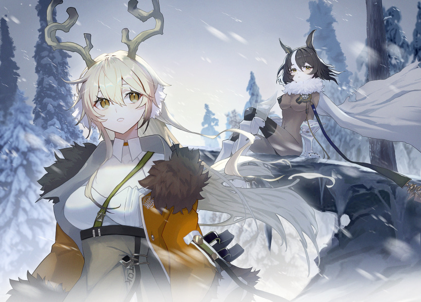 2girls animal_ears antlers between_breasts black_hair black_pasties blonde_hair bodystocking breasts cape covered_nipples echocalypse fur-trimmed_jacket fur_collar fur_trim highres jacket long_hair mechanical_arms mechanical_legs mori_(echocalypse) multicolored_hair multiple_girls orange_jacket short_hair sitting snowing strap_between_breasts streaked_hair sui_(echocalypse) tree white_cape yellow_eyes zakkuri