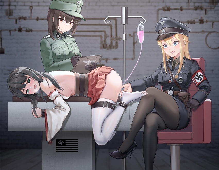 3girls absurdres bdsm black_gloves black_hair black_pantyhose blonde_hair blue_eyes blush bondage bound brown_eyes brown_hair clipboard cross enema femdom fingering gloves green_eyes hat highres holding holding_clipboard indoors iron_cross japanese_clothes long_hair medium_hair miko military military_hat military_uniform multiple_girls nazi open_mouth original pantyhose restrained sitting swastika teeth thighhighs uniform white_thighhighs world_war_ii yuri yuyou