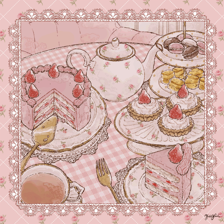 artist_name cake cake_slicer commentary couch cream cream_puff cup drink floral_background floral_print food food_focus food_request fork framed fruit gingham gold_trim indoors lace_trim macaron no_humans object_request original pastry pink_background pink_theme plate saucer signature still_life strawberry sweets symbol-only_commentary table tablecloth tea_set teacup teapot tiered_tray yayoi_(frp-y)