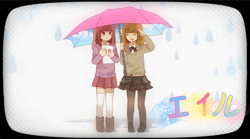 2girls bangs black_border black_footwear black_pantyhose black_skirt blunt_bangs blurry border bow brown_eyes brown_footwear brown_hair cardigan closed_eyes collared_shirt commentary eir_(vocaloid) english_commentary flower_(symbol) framed full_body grey_cardigan hair_bow highres holding holding_paper holding_umbrella long_hair long_sleeves looking_ahead multiple_girls pantyhose paper parted_lips pink_bow pink_umbrella polka_dot polka_dot_umbrella print_umbrella purple_cardigan red_hair red_skirt rounded_corners shirt shoes skirt sky_print song_name standing thighhighs umbrella water_drop white_shirt white_thighhighs yunare