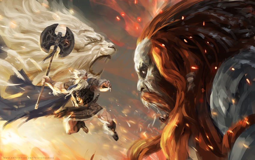 1boy 1other armor axe battle battle_axe beard boots cape crown elden_ring facial_hair fire_giant_(elden_ring) giant godfrey_first_elden_lord holding lion long_beard long_hair midair red_hair serosh_(elden_ring) victor_garcia weapon white_hair