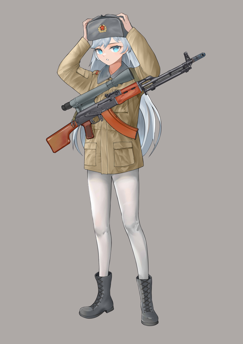 1girl absurdres adjusting_clothes adjusting_headwear bipod blue_eyes blue_hair boots brown_jacket combat_boots commentary_request cross-laced_footwear epaulettes full_body fur_collar fur_hat grey_background grey_footwear grey_headwear gun hammer_and_sickle hands_up hat hat_ornament highres jacket light_blue_hair light_machine_gun long_hair long_sleeves looking_away machine_gun military military_hat military_jacket military_uniform optical_sight original pantyhose parted_lips pocket red_star rpk-74 rspvo_neva simple_background single_epaulette sling soldier solo soviet soviet_army standing star_(symbol) star_hat_ornament thighhighs uniform ushanka weapon white_pantyhose white_thighhighs