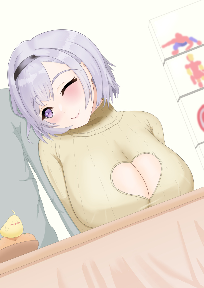 1boy 1girl azur_lane black_hairband blush breasts cleavage_cutout clothing_cutout figure food fruit hairband highres huge_breasts iron_man kotatsu leaning_on_person mandarin_orange manjuu_(azur_lane) one_eye_closed purple_eyes purple_hair reno_(azur_lane) ribbed_sweater smile spider-man sweater table upper_body yamanashi-nant yellow_sweater