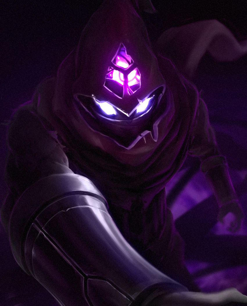 1boy 31_(juno0396) foreshortening gauntlets glowing glowing_eyes highres hood league_of_legends looking_at_viewer malzahar night outdoors robe scarf solo