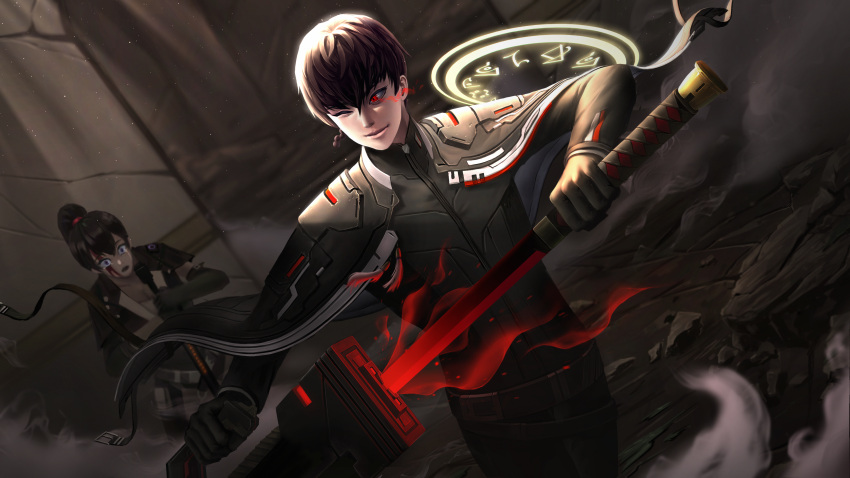 1boy 1girl 31_(juno0396) absurdres black_hair black_pants blood blood_on_face capelet counter:side dutch_angle facing_viewer highres long_sleeves magic_circle one_eye_closed pants red_eyes sheath standing unsheathing weapon