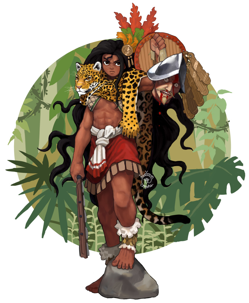 1girl 2021 abs absurdres barefoot black_hair blood bloodshot_eyes breasts brown_eyes commentary dark-skinned_female dark_skin english_commentary frown full_body hair_ornament helmet highres holding_head leopard_pelt long_hair medium_breasts muscular muscular_female original pelt red_skirt scar scar_on_face scar_on_nose serious severed_head signature skirt snoozincopter solo v-shaped_eyebrows very_long_hair