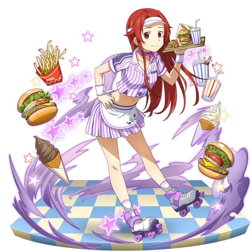 1girl apron burger choker collarbone food french_fries full_body hair_intakes highres holding holding_plate ice_cream_cone jacket leaning_forward long_hair midriff miniskirt navel non-web_source official_art plate pleated_skirt purple_ribbon red_hair ribbon ribbon_choker roller_skates short_sleeves skates skirt solo stomach striped striped_jacket striped_skirt sword_art_online sword_art_online:_memory_defrag tiese_schtrinen transparent_background vertical-striped_jacket vertical-striped_skirt vertical_stripes very_long_hair visor_cap waist_apron white_apron wristband