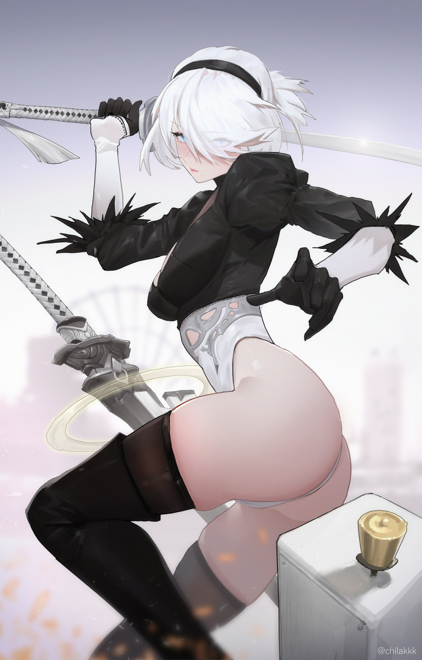 1girl absurdres arm_up ass black_gloves black_hairband black_thighhighs blue_eyes breasts chilakkk closed_mouth feather-trimmed_sleeves floating_hair from_side gloves hair_over_one_eye hairband hand_up highres holding holding_sword holding_weapon juliet_sleeves katana leotard long_sleeves looking_at_viewer medium_breasts nier_(series) nier_automata puffy_sleeves short_hair skindentation solo sword tassel thighhighs thighs weapon white_hair white_leotard yorha_no._2_type_b